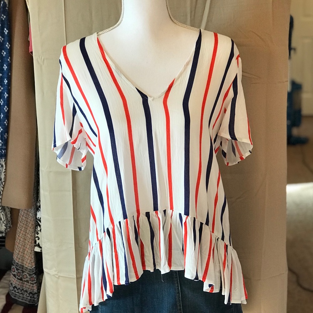Hers Mine Blue & Red Striped Ruffle Blouse